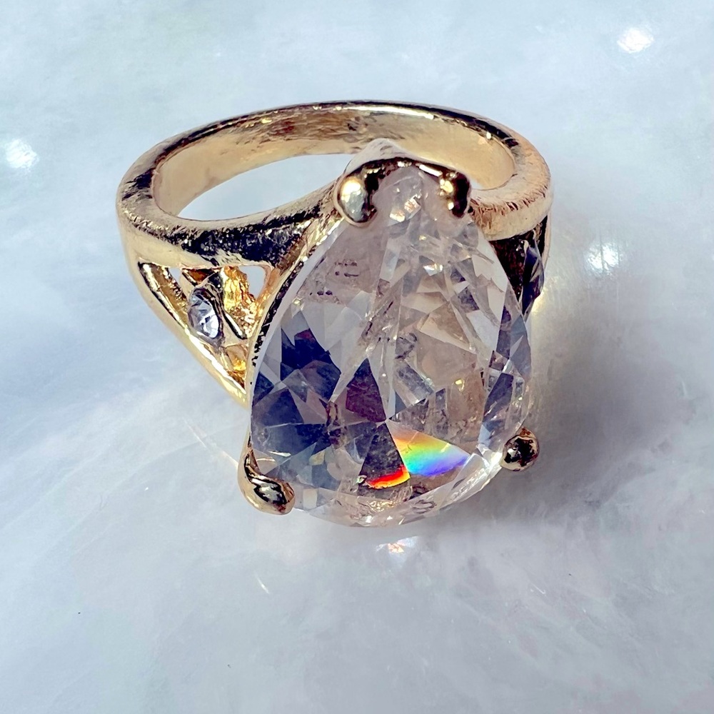 New Gold Toned Teardrop Diamond Fashion Ring, Size 9.5, European Jewelry